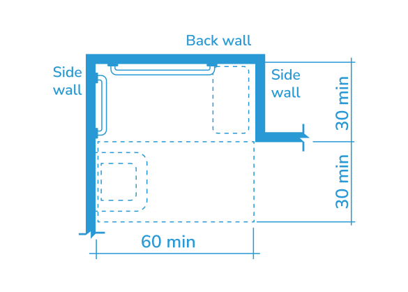 ADA roll-in shower stall diagram of compartment size and clearance requirements